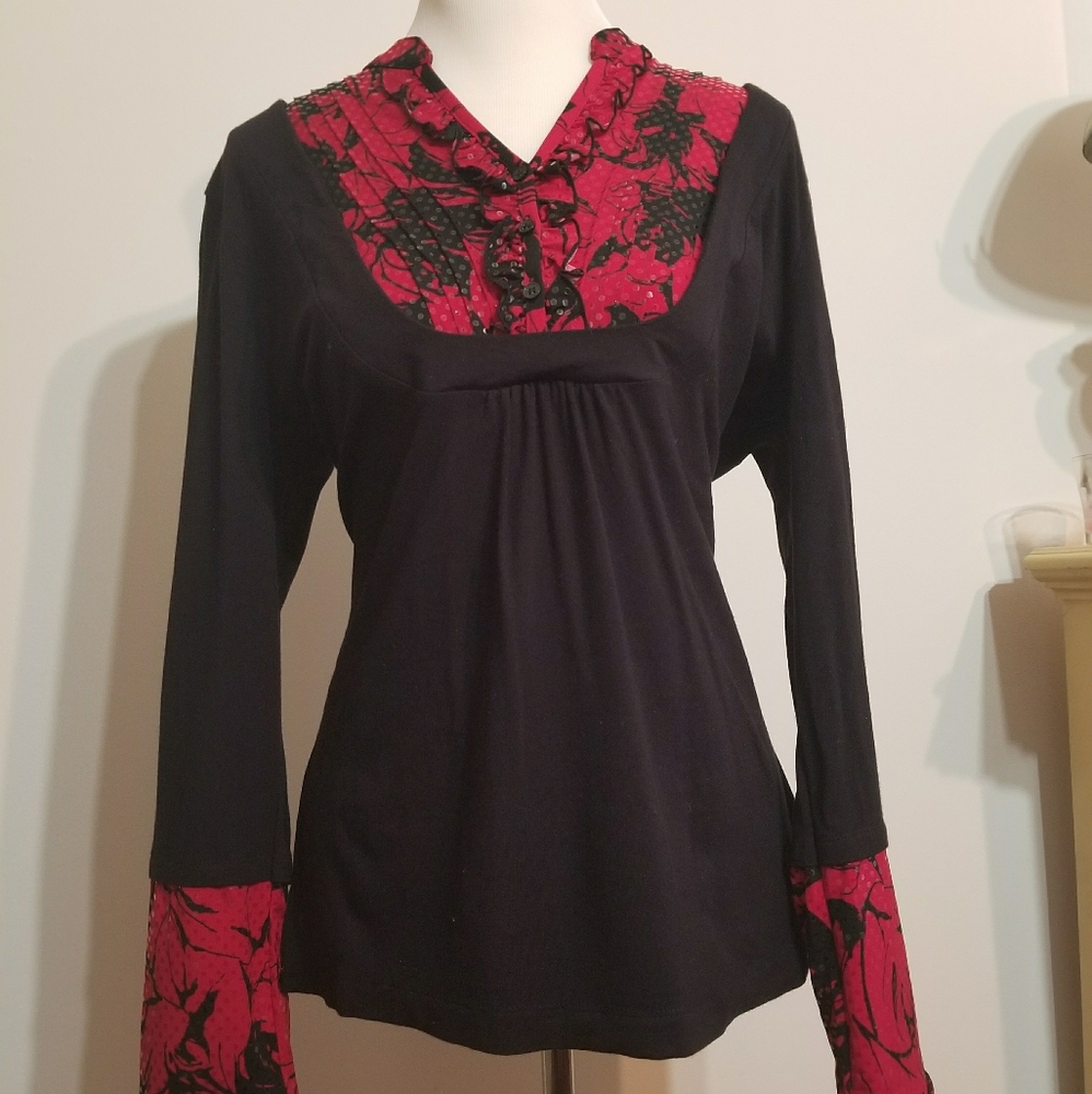 Style And Co Long Slevee Shirt  Top Size L Black R